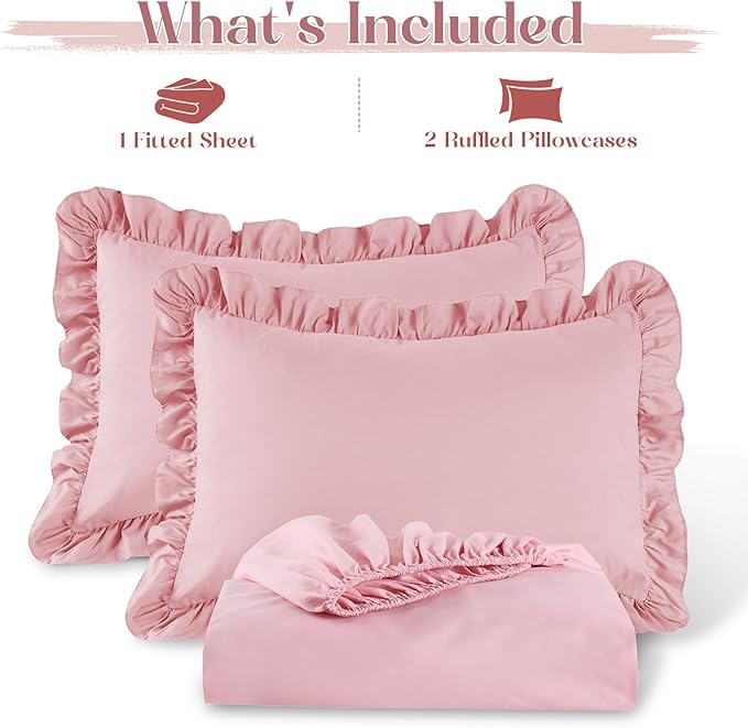 Homiest 3-Pieces Ruffle Pillow Case & Fitted Sheet Set, Light Pink King Sheets with 2 Ruffled Pillow Shams, 15 Inch Deep Pocket, Cute & Coquette Microfiber Bed Set for Decorating Bedroom Hotel