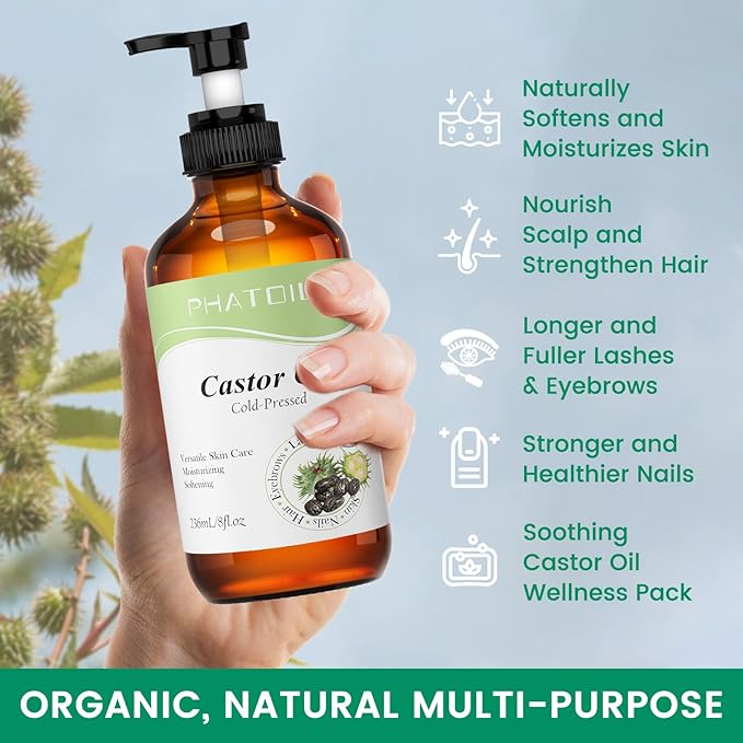 PHATOIL Castor Oil Organic Cold Pressed Unrefined Glass Bottle with Pump, 236 ml (8 fl.oz) USDA Certified Organic Castor Oil for Hair Growth, Eyelashes, Eyebrows, Pack Wraps, Carrier Oil, Hexane Free
