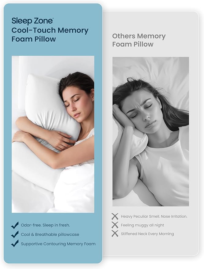 SLEEP ZONE Cooling Memory Foam Pillow - Odorless, Breathable, Skin-Friendly with Superior Support for Back, Stomach or Side Sleepers, Home, Hotel, Hospital Essentials (White, King, 1 Pack)