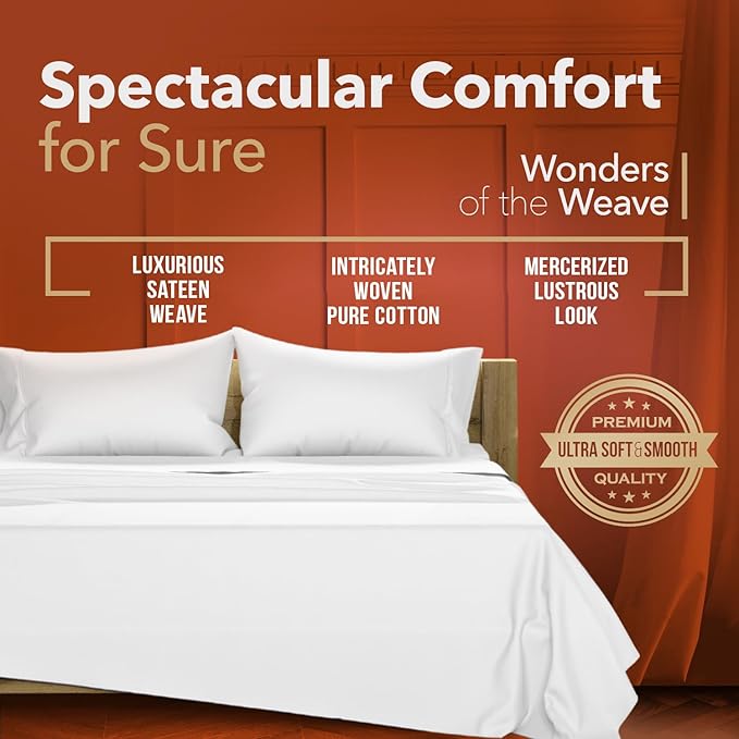TEXAS LINEN CO. 100% Egyptian Cotton Sheets - Texan Talkin' Collection 600 Series 3 PC Twin XL Sheet Set (White), Soft, Cooling, Sateen Weave, Extra Long Staple Luxury Bedding, 16" Deep Pocket