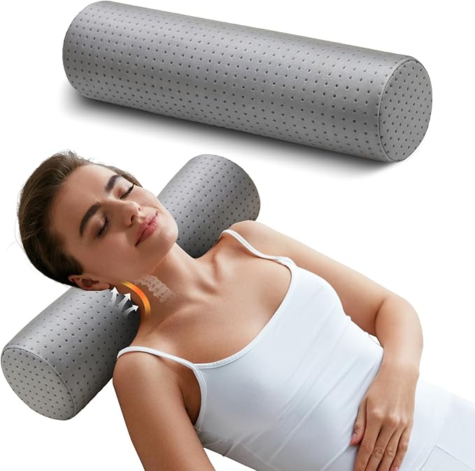 Memory Foam 4" Round Pillow, Cervical Neck Pillow for Pain Relief, Cylinder Cooling Pillows 18"×4", Neck Roll Pillow for Sleeping, Removable Cover, Cool Grey