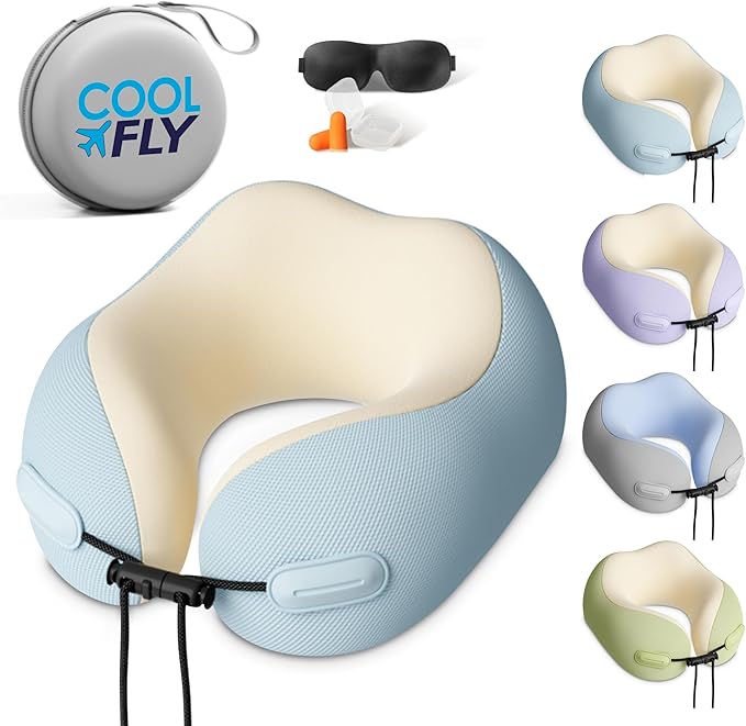 Cool Fly - Cool Colors Travel Neck Pillow Set. Cool Bright Fashion Pastel Colors. Luxury Memory Foam Airplane Adjustable Pillow. Cooling Silky Breathable Cover with Bonus Sleep mask, Blue-Beige