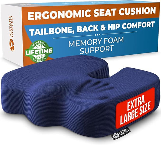 5 STARS UNITED Seat Cushion - Memory Foam Chair Cushion for Tailbone Pain Relief - Ergonomic Support for Coccyx, Sciatica & Butt - Office, Desk & Gaming Chair, Car Seat, Wheelchair, Airplane, Blue