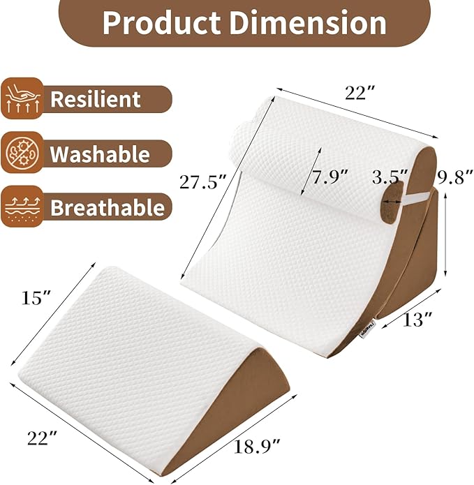 4PCS Orthopedic Bed Wedge Pillow Set for Post Surgery&Pain Relief,Adjustable Wedge Pillow for Back,Acid Reflux,Sitting up in Bed,Recovery,Snoring,Body Pillow for Sleeping (White/Dark Brown)