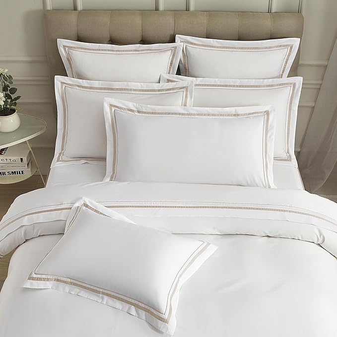 White Pillow Shams Standard Size Set of 2, 100% Cotton 400TC Sateen Luxury Hotel Pillow Cases, Pipping Oxford Pillowcases with Envelope Closure for Bedding Linen, 20x26 Inches (White with Khaki)
