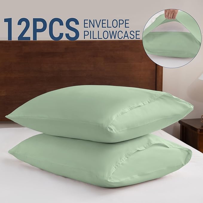 Pillowcases Standard 12 Pack, 20x26 Pillow Cases with Envelope Closure, Soft Plain Brushed Microfiber Covers Breathable Wrinkle-Resistant, Sage Green