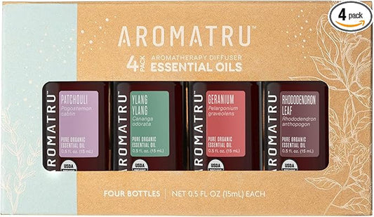 AromaTru Sensual Essential Oil Kit – Patchouli, Ylang Ylang, Geranium, and Rhododendron Leaf – Organic & Wildcrafted – ISO Certified – No Synthetic Fillers – Ethically Sourced