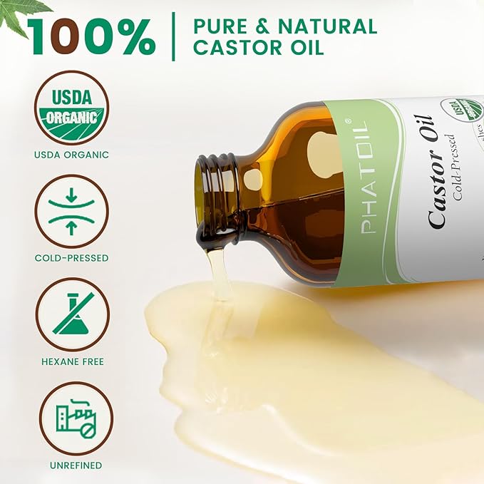 PHATOIL Castor Oil Organic Cold Pressed Unrefined Glass Bottle with Pump, 236 ml (8 fl.oz) USDA Certified Organic Castor Oil for Hair Growth, Eyelashes, Eyebrows, Pack Wraps, Carrier Oil, Hexane Free