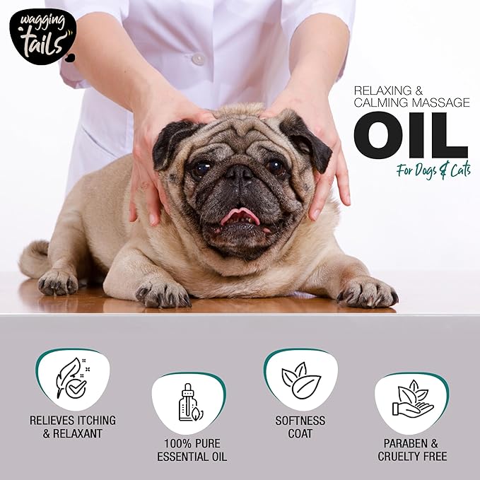 Wagging Tails Relaxing & Calming Massage Oil for Dogs and Cats | Pure Essential Oil Blend with Lavender & Almond Oil | Nourishing Skin & Shiny Coat, Promotes Relaxation for Pets 6.76 fl oz