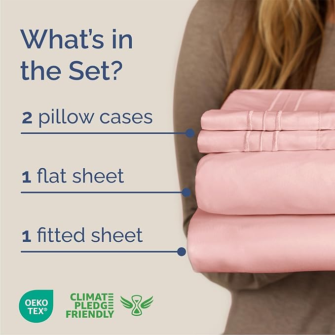 Queen Size 4 Piece Sheet Set - Comfy Breathable & Cooling Sheets - Hotel Luxury Bed Sheets for Women and Men - Deep Pockets, Easy-Fit, Soft and Wrinkle Free Sheets - Baby Pink Oeko-Tex Bed Sheet Set