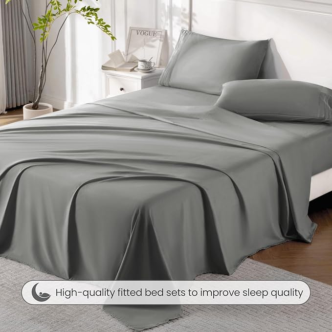 ROSE&RISY Light Grey Full Sheet Set, 4 Pieces Soft Bedding Queen Sheet Set, Breathable and Cooling, Includes 1 Fitted Sheet, 1 Flat Sheet, 2 Pillow Cases - Deep Pocket (Light Grey, Full)