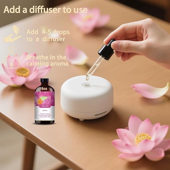 Lotus Essential Oil – MLYNKL Lotus Oils 4.33 fl oz for Diffusers, Humidifiers, Massage, DIY Candles, Soap, Cleaning, Home, Yoga, Office, Gifts - 130 ml