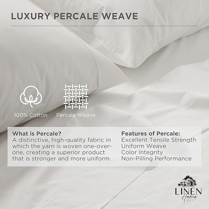 Linen Home 100% Cotton Percale Pillowcases King Size, White, 2 Pieces of Pillow Case, Crisp and Cool Strong Bed Linen, 20 inches X 40 inches