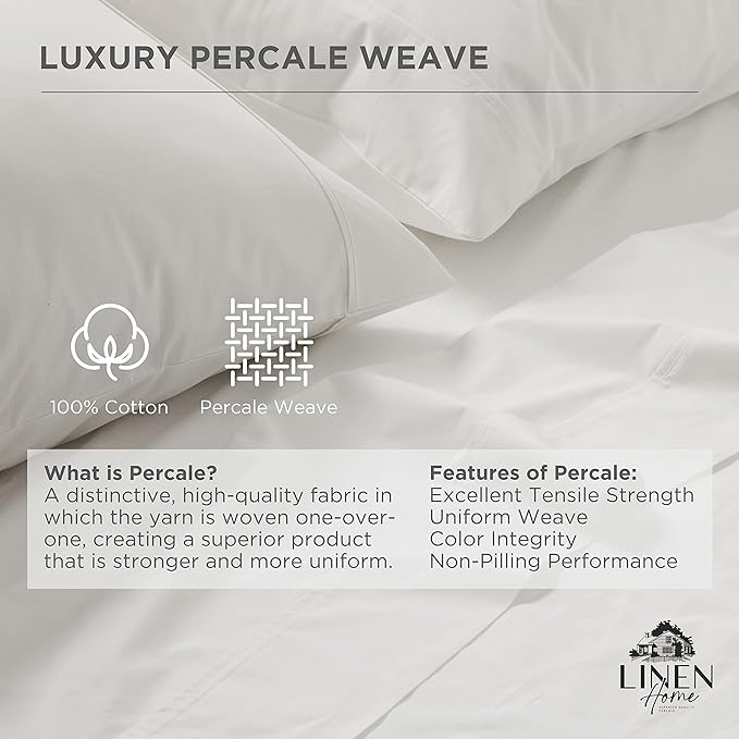 Linen Home 100% Cotton Percale Pillowcases Queen Size, White, 2 Pieces of Pillow Case, Crisp and Cool Strong Bed Linen, 20 inches X 30 inches