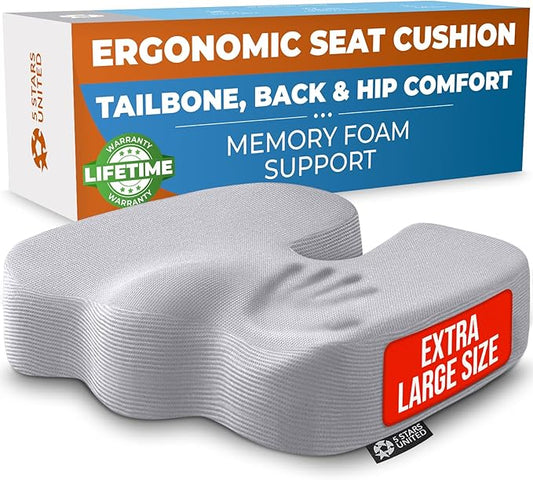5 STARS UNITED Seat Cushion - Memory Foam Chair Cushion for Tailbone Pain Relief - Ergonomic Support for Coccyx, Sciatica & Butt - Office, Desk & Gaming Chair, Car Seat, Wheelchair, Airplane, L Gray