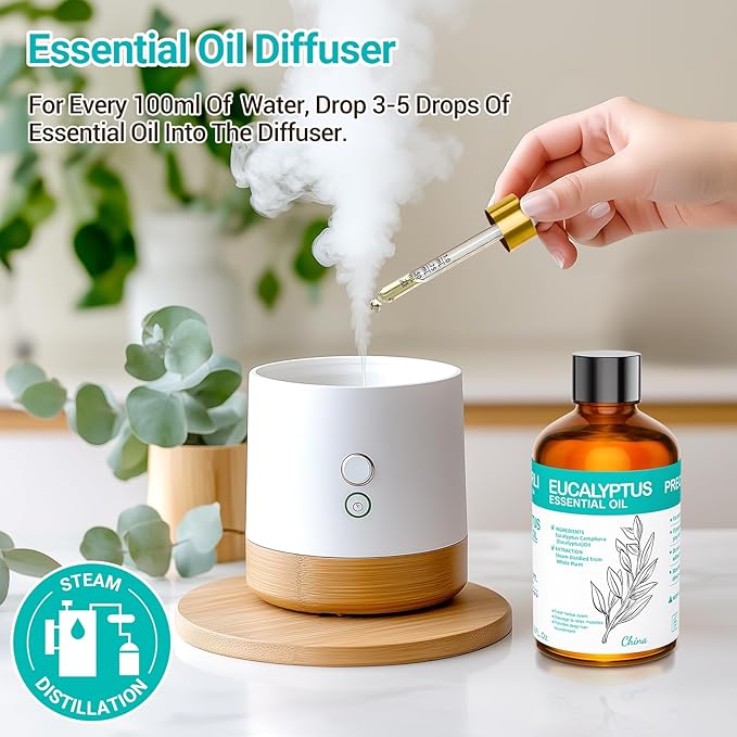 Eucalyptus Essential Oil 3.38 fl oz (100ml), Eucalyptus Oil for Diffuser & Aromatherapy, Natural Oil for Home Fragrance, Humidifier, Candle & Soap Making, Daily Use