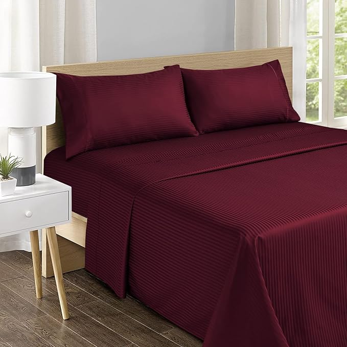 Feather & Stitch 500 TC Twin Size Damask Bed Sheet Set, 100% Cotton Soft Breathable Bedsheets, 3 Piece 18" Deep Pockets Sateen Weave Striped Bedding Mattress Resort Hotel Luxury- (Burgundy Stripe)