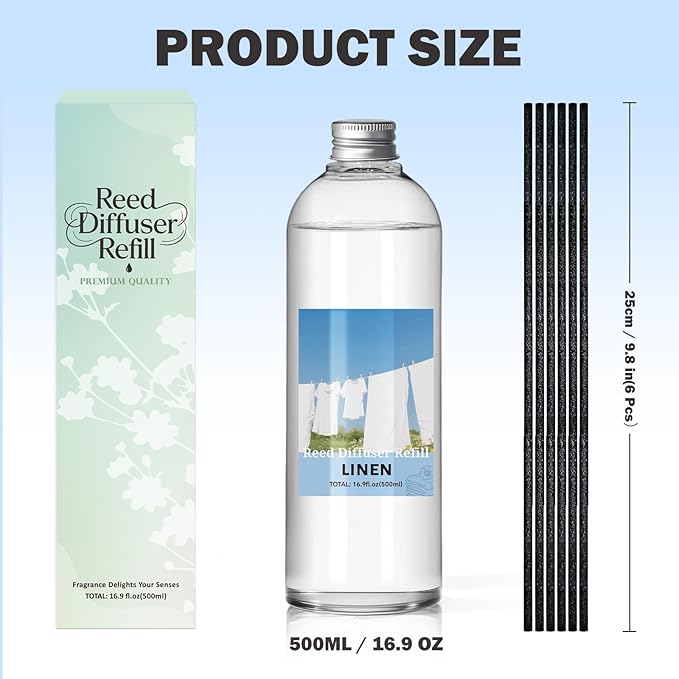 SCENTORINI Reed Diffuser Oil Refill, 16.9oz Natural Linen Scented Essential Oil with 6 Sticks, Long Lasting Home Fragrance for Large Space, Bathroom, Spa Room Aromatherapy, Hotel & Office Decor