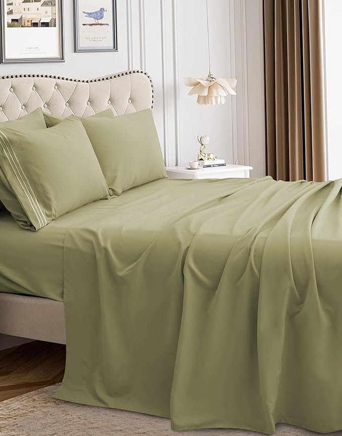 Mocassi Luxury Split King 5-Piece Sheet Set - 1800 Premium Hotel Quality - Easy-Fit, Wrinkle, Fade Resistant Bed Sheets and Pillowcases - All Around Elastic Fitted Sheet, Deep Pocket, Green
