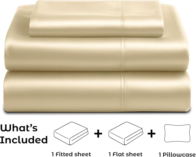 Satin Sheets Twin [3-Piece, Ivory] Hotel Luxury Silky Bed Sheets - Extra Soft 1800 Microfiber Sheet Set, Wrinkle, Fade, Stain Resistant - Deep Pocket Fitted Sheet, Flat Sheet, Pillow Cases