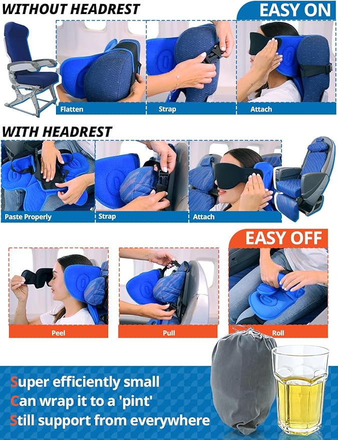 SARISUN Travel Pillows for Airplanes, Airplane Pillow with Sleep Eye Mask, 360° Support Headrest, Travel Essentials, Adjustable Airplane Head Strap for with/Out Headrest Seat, Mottled Blue
