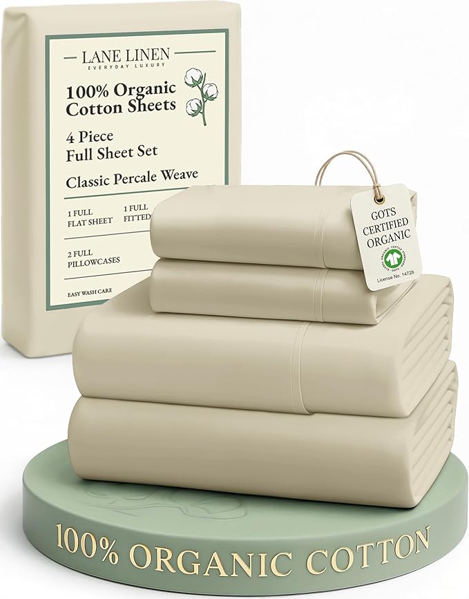 LANE LINEN 100% Organic Cotton Bed Sheets Full Size, Fully Elasticized Reinforsed Seams in Fitted Pocket, Machine Washable Naturally Cooling Full Sheet Deep Pocket Bedding- Linen