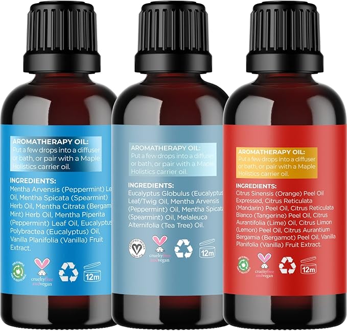Maple Holistics Essential Oil Set - Breathe Chill and Energize Essential Oil Blends for Diffuser Aromatherapy and Baths - Relaxing Essential Oils for Diffusers for Home