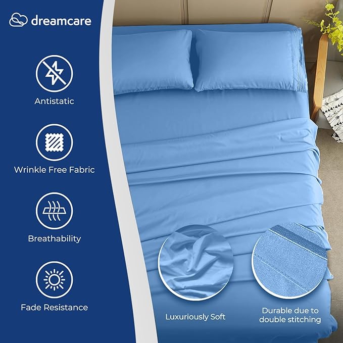 DREAMCARE California King Sheet Sets – 4 pcs Cooling Sheets – up to 21” Deep Cal King Sheets – Hotel Luxury Pillowcases – Superior Softness 100% Fine Microfiber with Side Pocket – Light Blue