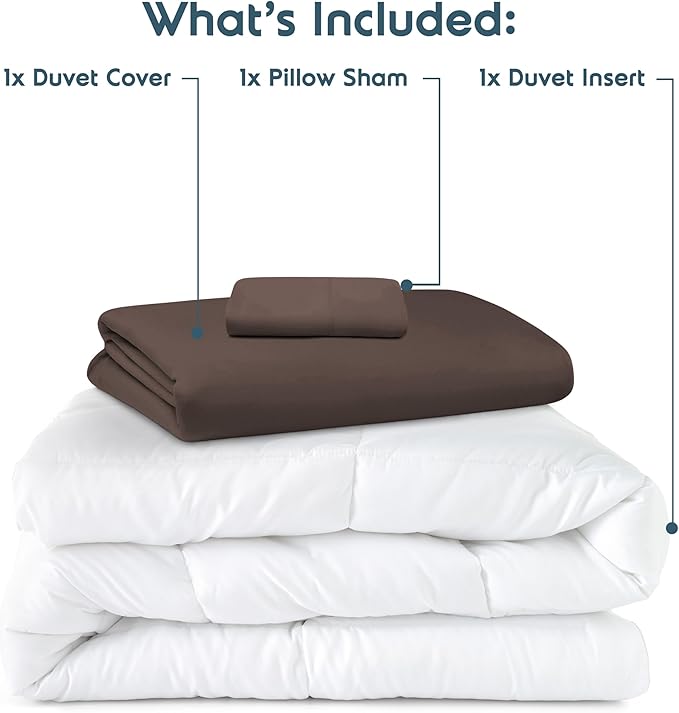 Nestl Twin Duvet Cover Set with Comforter Insert - Chocolate Brown 3 Piece 68x90 Duvet Cover & 1 Pillow Sham with White Quilted Down Alternative Comforter, Ultra Soft, All Season
