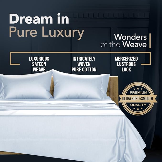 TEXAS LINEN CO. 100% Egyptian Cotton Pillow Cases King Size Set of 4 - Luxury 1500 Series Couture Comfortin' Collection Cotton Pillowcases (2 Pair, Light Blue), Breathable Hotel Sateen Pillowcases