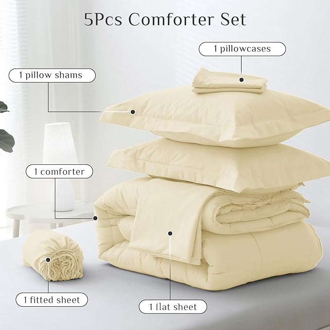 JOLLYVOGUE Twin Comforter Set, Ultra-Soft Bed in a Bag Twin Size 5 Pieces, Oeko-TEX Certified Bedding Set with Down Alternative Comforter, Sheets, Pillowcases & Shams, Light Yellow