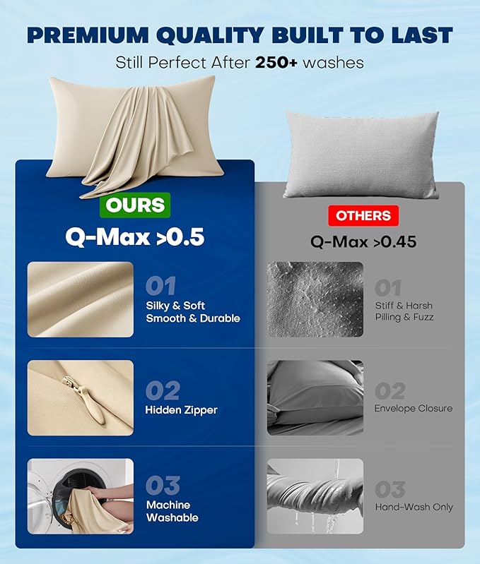 Ultra-Chill Cooling Pillowcase Set of 2 for Hot Sleepers, Softer Than Silk Pillow Cases for Protecting Hair & Skin, Breathable Bed Pillow Covers w/Zipper, Gifts for Women Men(Beige, King)