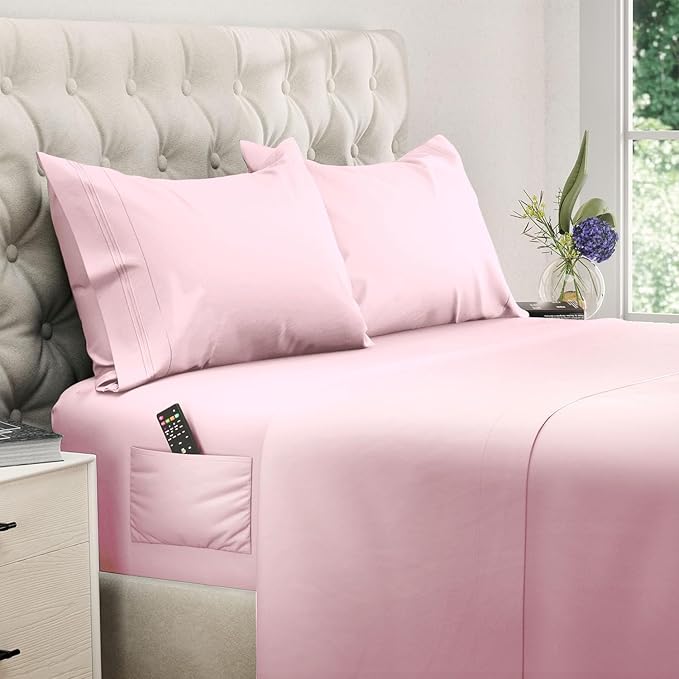 DREAMCARE King Size Sheets Set - Cooling Bed Sheets - 4pcs Set - up to 15" Deep Pocket King Sheet Set – Soft & Long Lasting Cooling - 100% Fine Brushed Polyester with Side Pocket, Pink