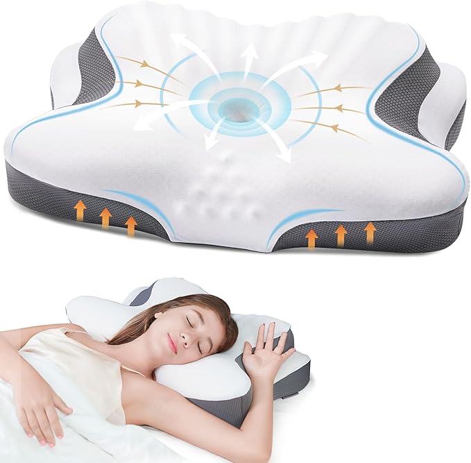 Cervical Pillow for Neck Pain Relief - Cooling Ergonomic Dual-Sided Orthopedic Neck Pillow with Ice Silk Pillowcase, Breathable Memory Foam Contour Pillow for Side, Back, Stomach Sleepers