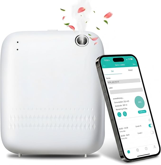 Waterless Essential Oil Diffuser, 1000 Sq.Ft Cold Air Scent Machine for Home Hotel, 150ml Wall Mount Aroma Diffuser, Battery/USB Operated, No-Noise Gift for Her (White)