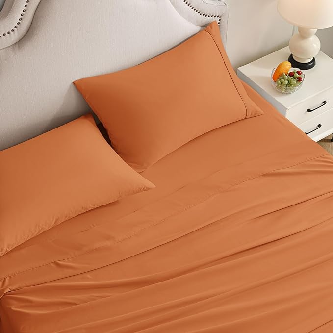 Queen Sheet Set, 4 Pieces Hotel Luxury Soft Microfiber Queen Bed Sheets Set, Up to 16" Deep Pockets, Oeko-Tex Sheets with Elastic, Breathable, Wrinkle Free (Pumpkin Orange, Queen)