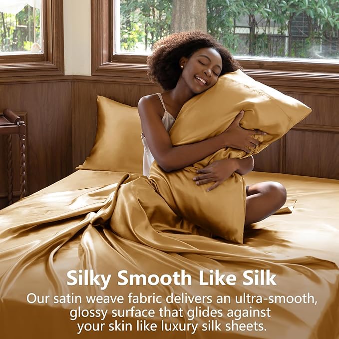 CozyLux Satin Sheets King Size Sheet Set - 4 Piece Silky King Sheets, Luxury Gold King Bed Set with Smooth and Soft Microfiber, Includes 1 Fitted Sheet, 1 Flat Sheet and 2 Pillowcases