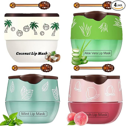 4 PCS Bee Lip Balm Honey Pot, Coconut Aloe Vera Peach Mint Sleeping Lip Mask Overnight with Sticks, Exfoliating Prevention Dry and Crack Lip Scrubs