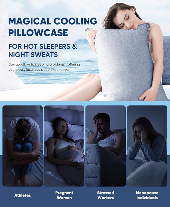 LUXEAR 2 Pack Cooling Pillow Cases for Hot Sleepers, Arc-Chill Q-Max > 0.5, Hair & Skin Friendly, Double-Sided, Machine Washable, Hidden Zipper, Gift for Women & Men, 20x26, Blue