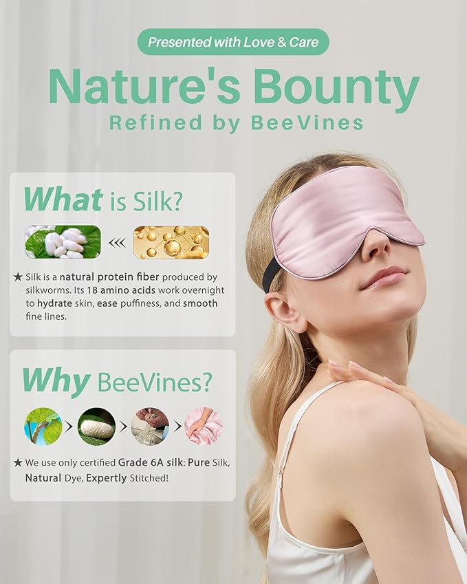 Sleep Mask with Pouch, 2 Pack 100% Real Natural Pure Silk Eye Mask with Adjustable Strap for Sleeping, BeeVines Eye Sleep Shade Cover, Blocks Light Reduces Puffy Eyes Gifts