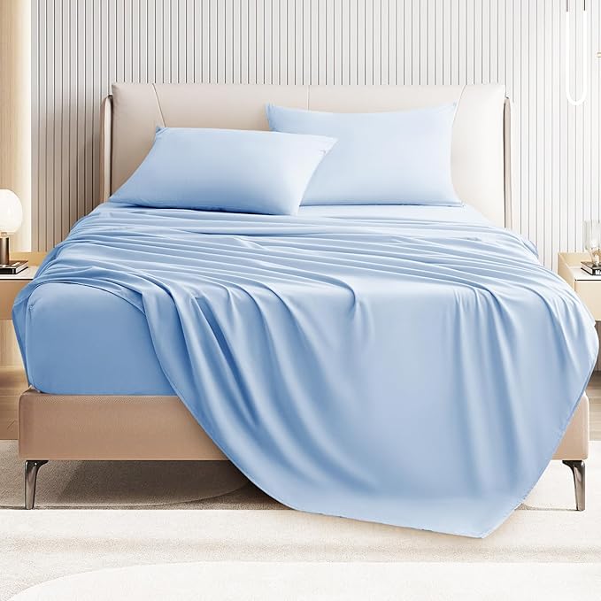 King Size 4 Piece Bed Sheet Set - Ultra Imitation Cotton-Hotel Luxury Bed Sheets Deep Pocket up to 15" - Premium Breathable & Cooling Sheets - Wrinkle, Fade, Stain Resistant (Light Blue, King)