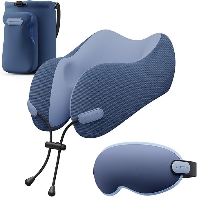 urnexttour Neck Pillow for Travel Memory Foam Design Models Pillows with Zero Eye Pressure 3D Eye Mask and Compact Bag Traveling Essentials Plane Car Flight Rest Sleeping Use Adult, Blue