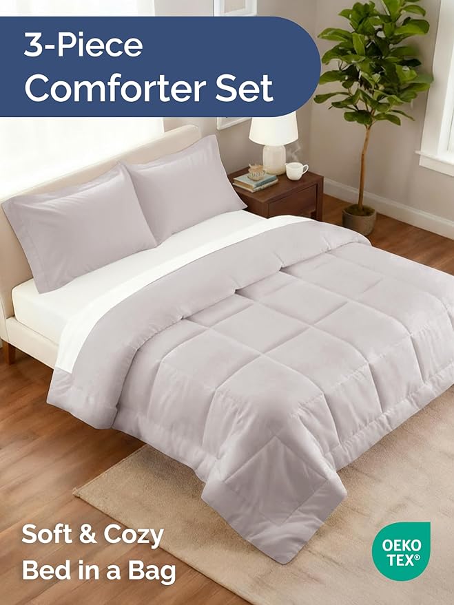 Queen Comforter Set - 3 Piece Bed Set for All Seasons - 1 Soft Quilted Comforter w/ Corner Tabs & 2 Pillow Shams - Comfy & Breathable - Premium Down Duvet Insert - Oeko-TEX - Queen Size, Light Grey