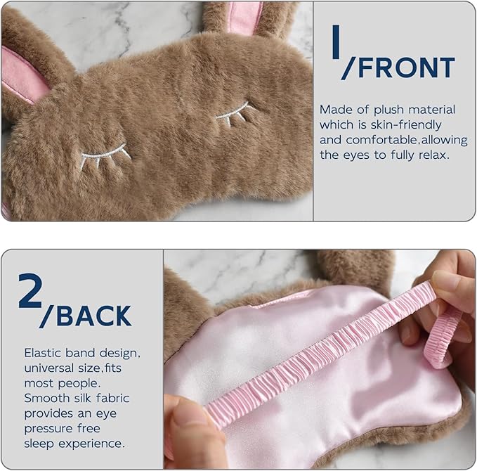 Cute Animal Sleeping Mask Sleep Mask, Soft Plush Rabbit Eye Mask for Travel Nap Sleeping Blindfold Eye Cover Eyeshade for Adult Kids Girls Teens Men Women - Rabbit, Brown