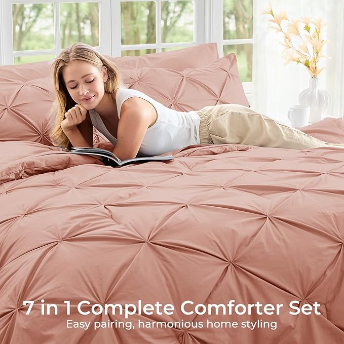 Sasttie King Size Comforter Set, 7-Piece Bed in a Bag, Pintuck Bedding Set for All Season, Includes Comforter, Flat Sheet, Fitted Sheet, Pillowcases and Pillowshams, Blush