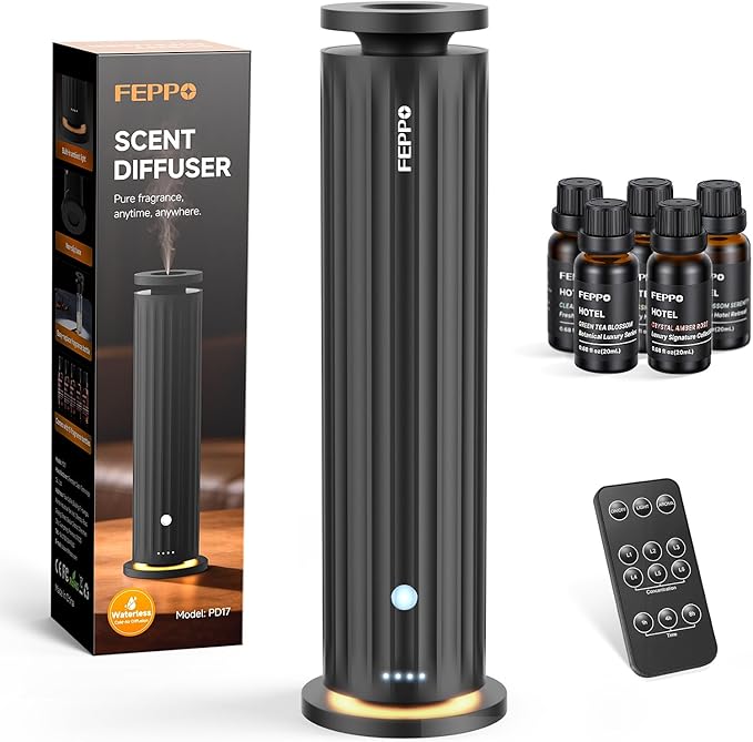 FEPPO Waterless Diffuser, Essential Oil Diffuser for Home Hotel Office – Cold Air Aroma Diffuser Starter Kit with 5×20mL Hotel Scent Oils, 6 Scent Levels, Quiet Aromatherapy Diffuser, 1000+ Sq Ft