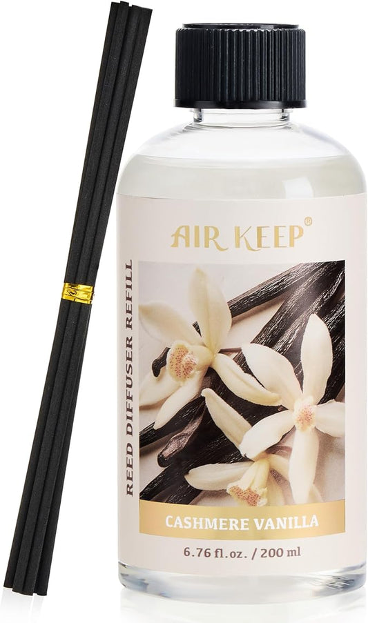 Airkeep Reed Diffuser Oil Refill with Diffuser Sticks, 6.76 Fl Oz(200ml) Cashmere Vanilla Scented Oils, Aroma Therapy, Home Fragrance & Air Freshener, Office Décor, Decoration