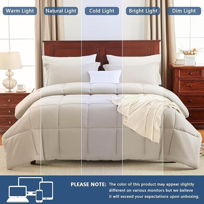 CozyLux Full Size Comforter Sets - Beige Comforter Full Size, 3 Pieces Box Stitched Bed Set for All Seasons, Soft Lightweight Bedding Sets with 1 Down Alternative Comforter and 2 Pillow Shams