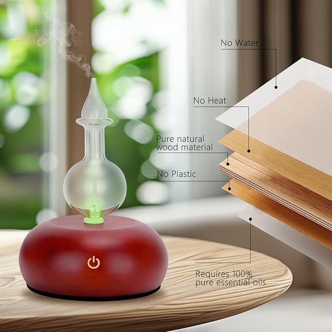 Vintage Pure Essential Oil Diffuser for Aromatherapy - 7-Color LED, Adjustable Mist, No Heat or Water Required, Ideal for Home, Bedroom, and Professional Use (Dark Wooden)