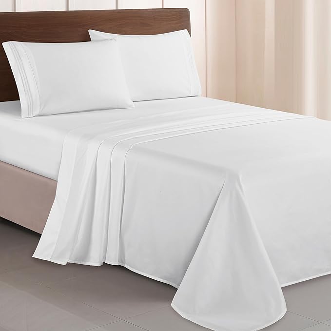 Elegant Comfort Luxurious 1500 Premium Hotel Quality Microfiber Three Line Embroidered Softest 4-Piece Bed Sheet Set, Wrinkle and Fade Resistant, Twin/Twin XL, White